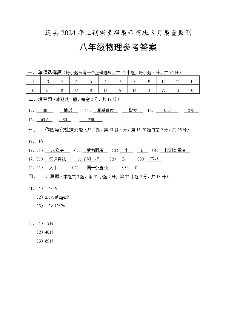 道县 2024 年减负提质示范班3月份质量监测物理答案第1页