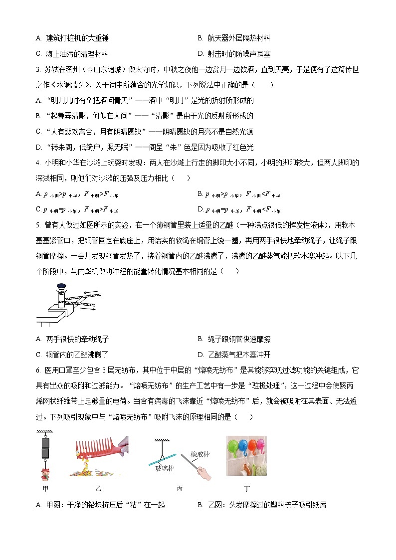 2024年山东省济南市历城区中考一模物理试题 （原卷版）第2页