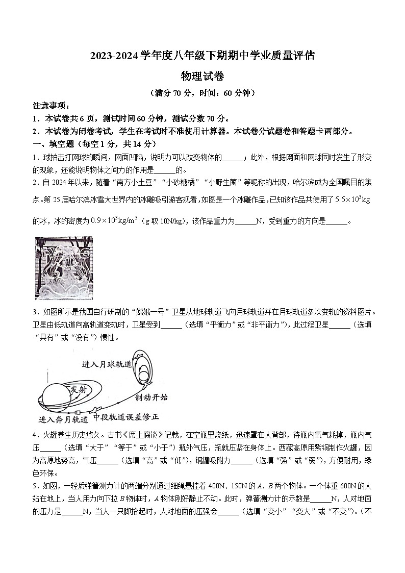 河南省漯河市召陵区2023-2024学年八年级下学期4月期中物理试题第1页