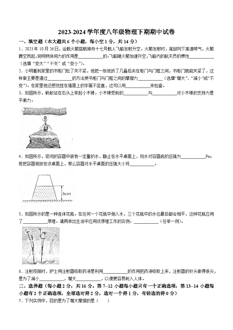 河南省周口市扶沟县2023-2024学年八年级下学期4月期中物理试题第1页