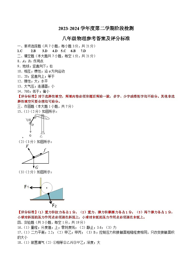 2023-2024学年度第二学期阶段检测八年级物理试题参考答案及评分标准第1页