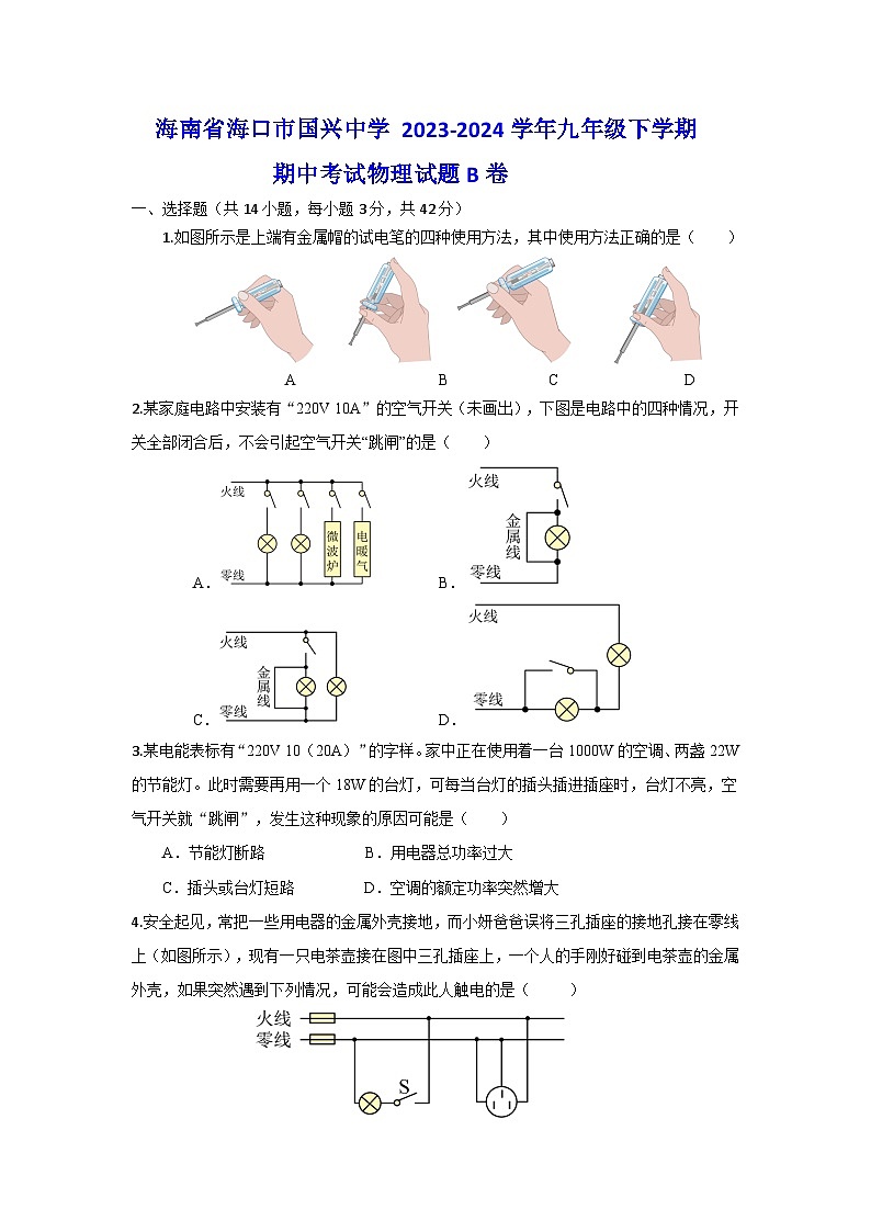 海南省海口市国兴中学+2023-2024学年九年级下学期期中考试物理试题B卷第1页