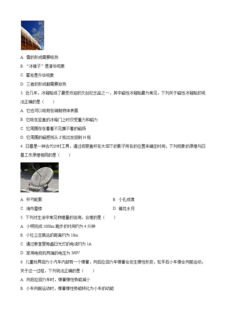 2024年湖南省永州市李达中学中考二模物理试卷.（原卷版）第2页