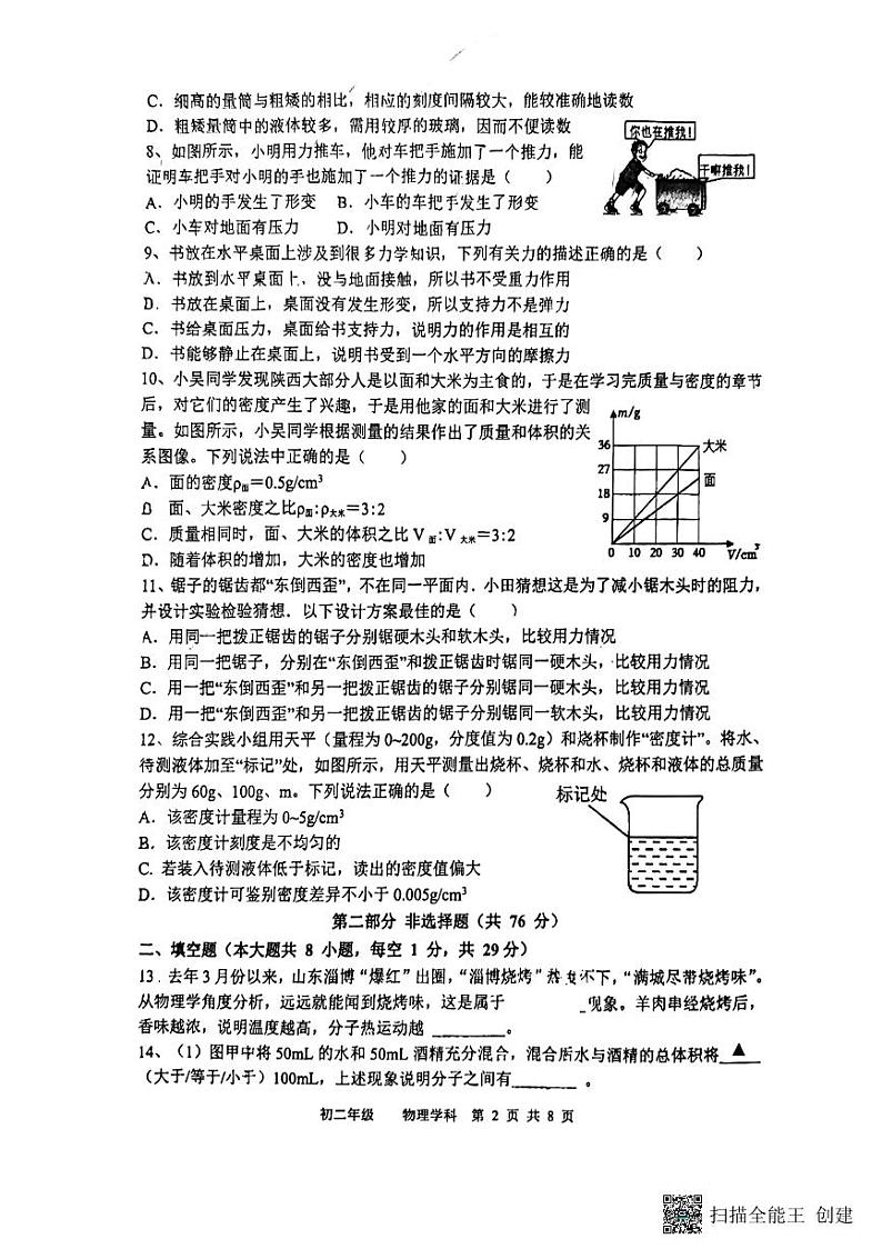 江苏省扬州市扬州市梅岭集团2023-2024学年八年级下学期4月期中物理试题02