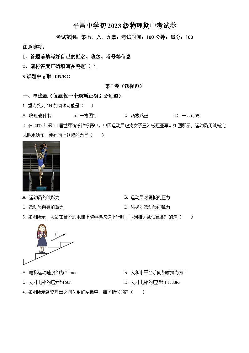 四川省巴中市平昌中学2023-2024学年八年级下学期物理期中考试题（原卷版）第1页