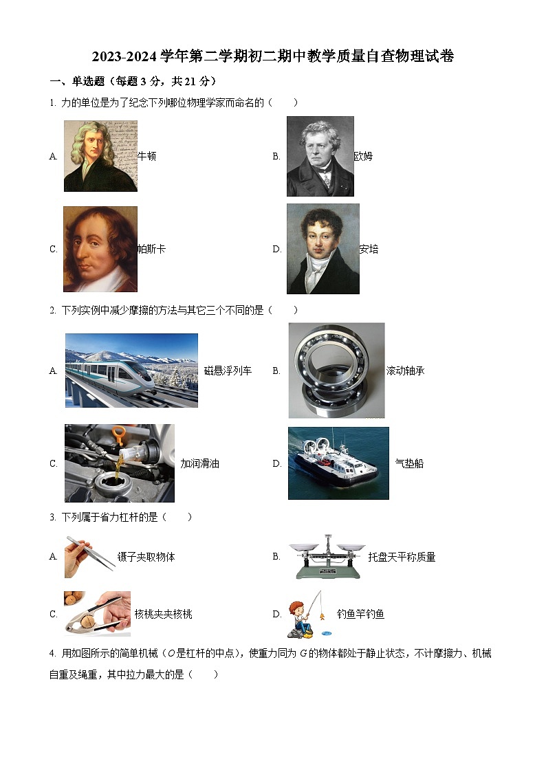 广东省东莞市东莞中学初中部2023-2024学年八年级下学期期中考试物理试题（原卷版）第1页