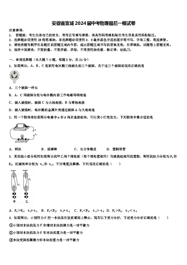 2024年安徽省宣城中考物理最后一模试卷第1页