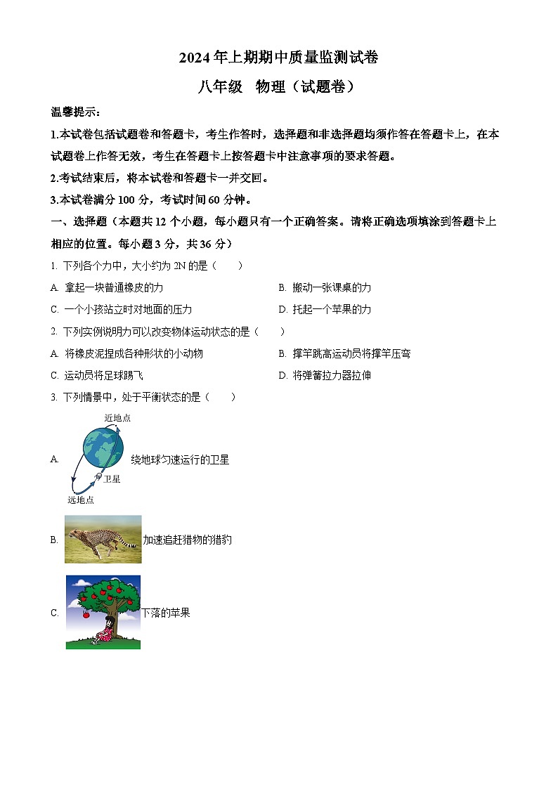 湖南省永州市新田县2023-2024学年八年级下学期期中考试物理试题（原卷版）第1页