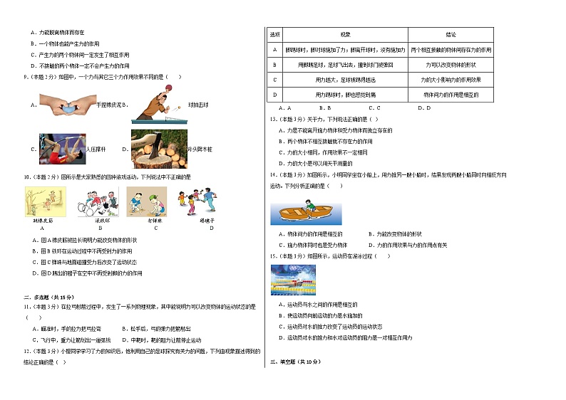 7.1力同步练习  人教版物理八年级下册第2页