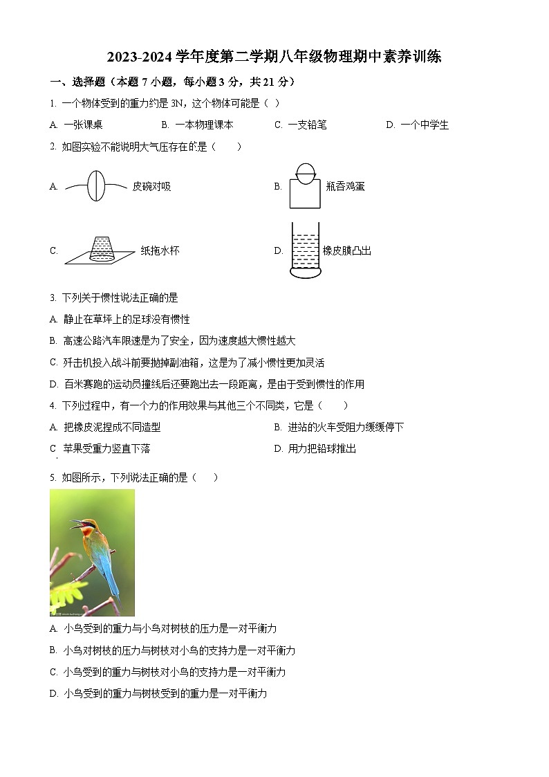 广东省汕头市金平区汕樟中学2023-2024学年八年级下学期4月期中物理试题（原卷版）第1页