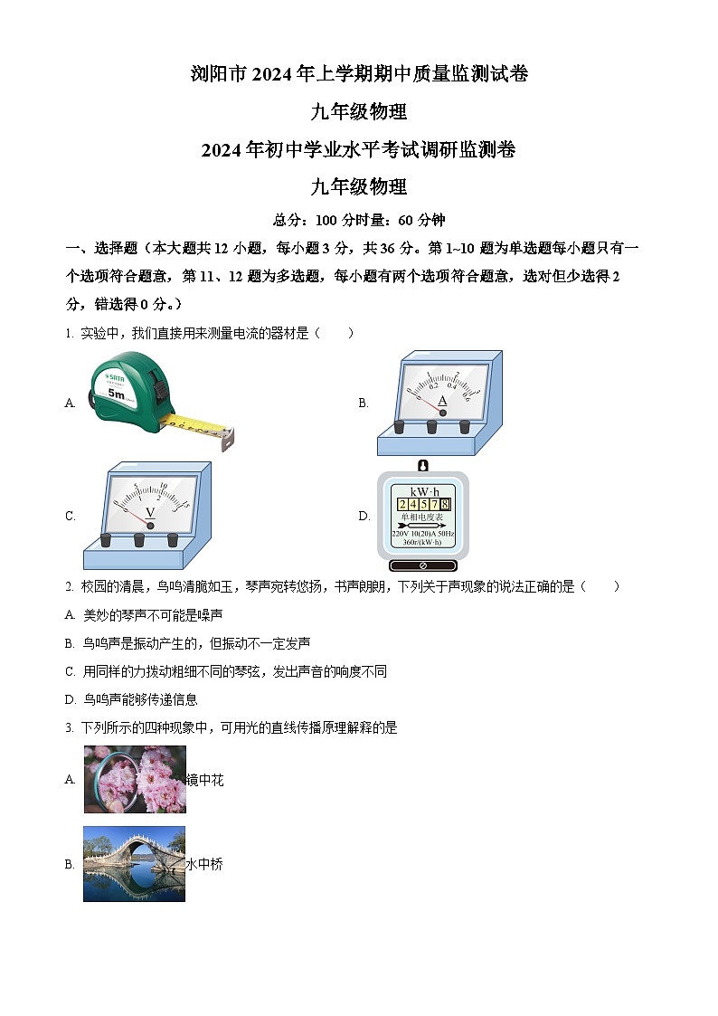 湖南省长沙市浏阳市2023-2024学年九年级下学期4月期中物理试题（原卷版+解析版）01