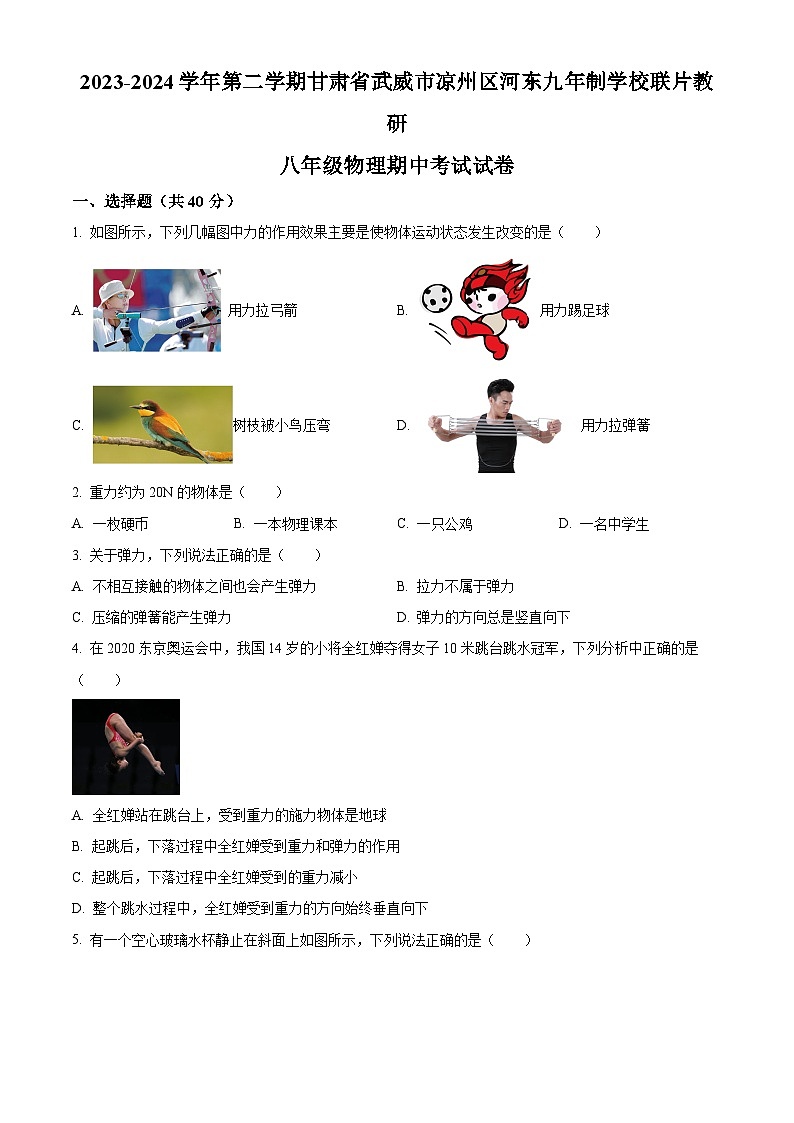 甘肃省武威市凉州区凉州区河东九年制学校联片教研2023-2024学年八年级下学期4月期中物理试题（原卷版）第1页