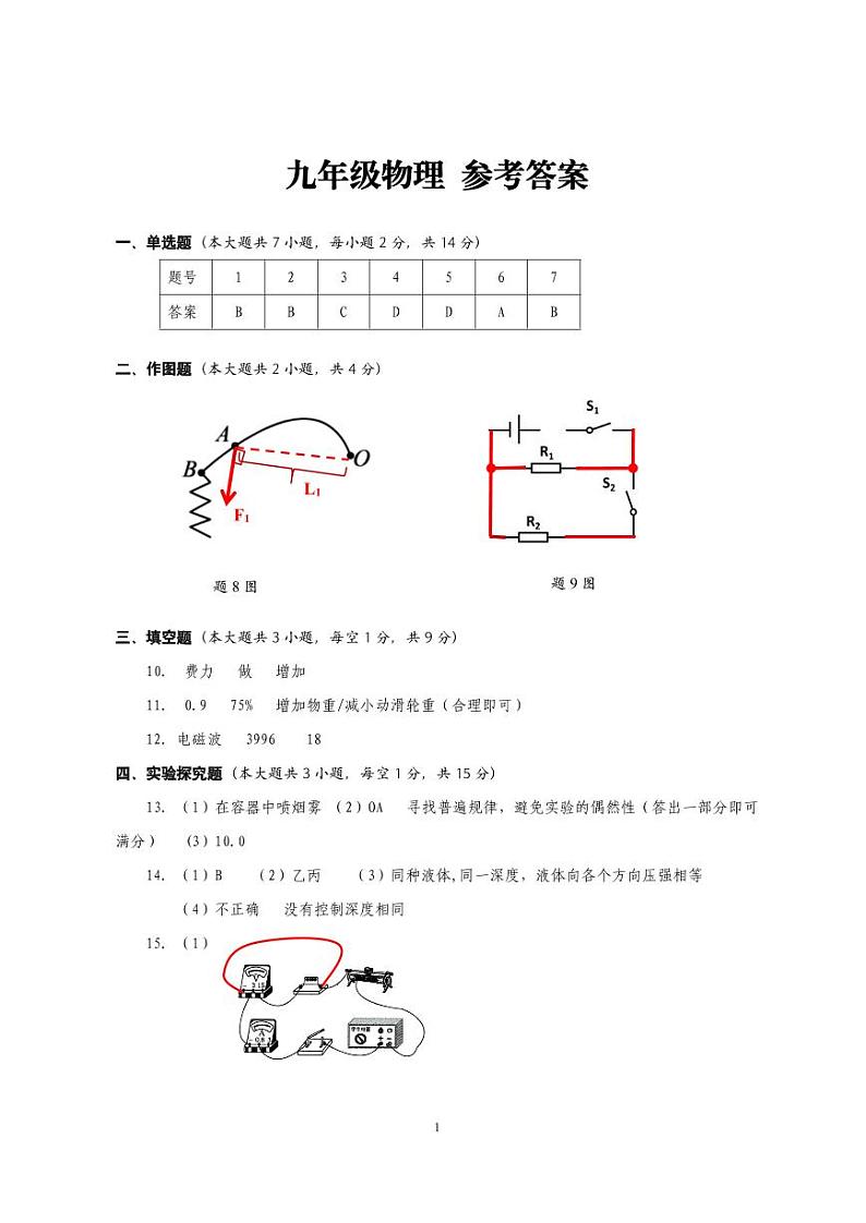2024年4月深圳市宝安区初三二模物理答案第1页