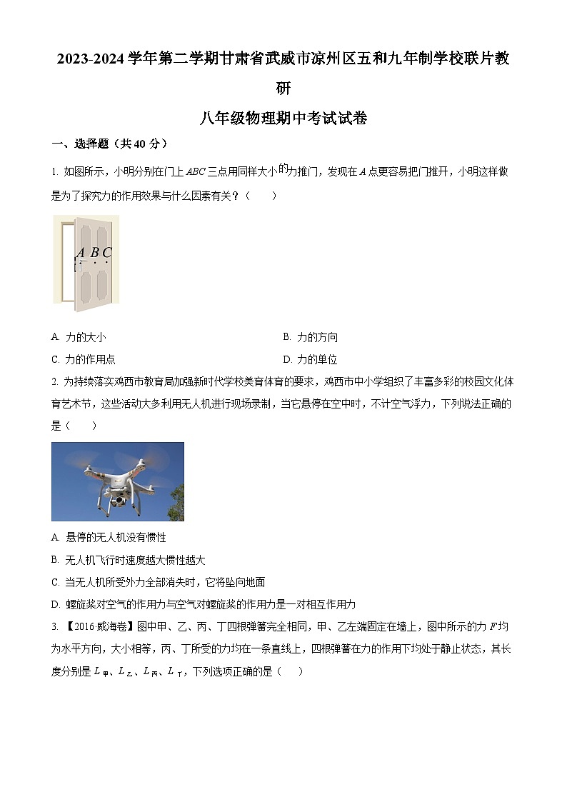 甘肃省武威市凉州区五和镇九年制学校联片教研2023-2024学年八年级下学期4月期中物理试题（原卷版+解析版）01
