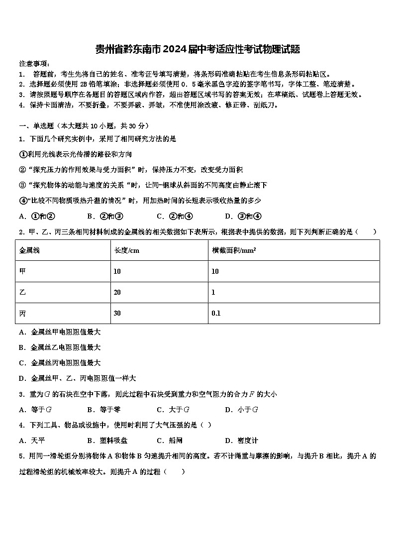 2024年贵州省黔东南州中考适应性考试物理试题第1页
