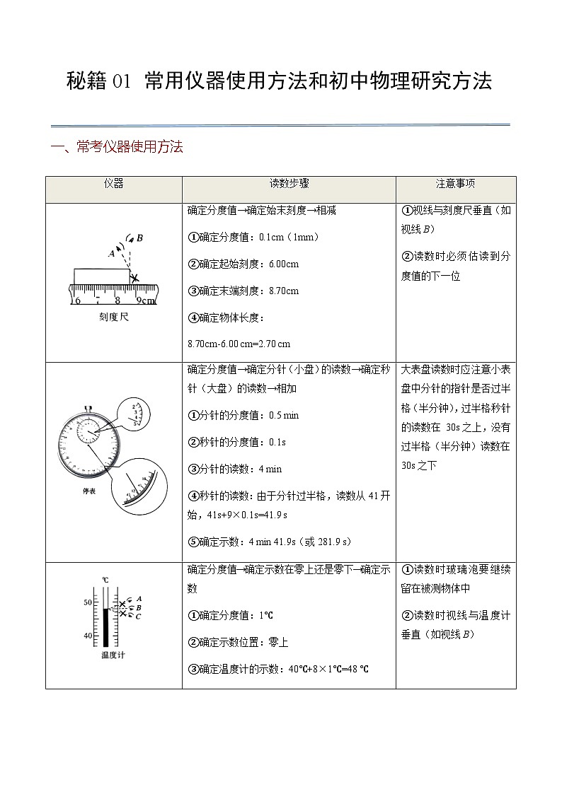 秘籍01常用仪器使用方法和初中物理研究方法-2024年中考物理专题三轮冲刺复习（全国通用）第1页