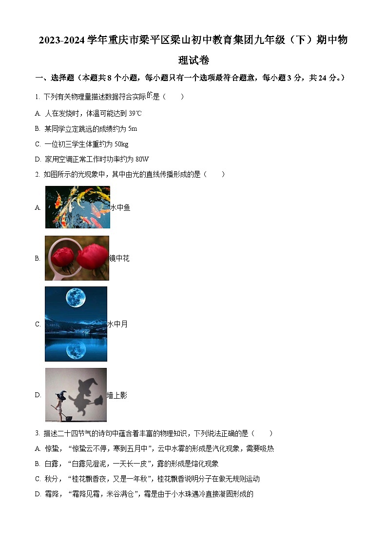 重庆市梁平区梁山初级中学2023-2024学年九年级下学期期中考试物理试题（原卷版）第1页