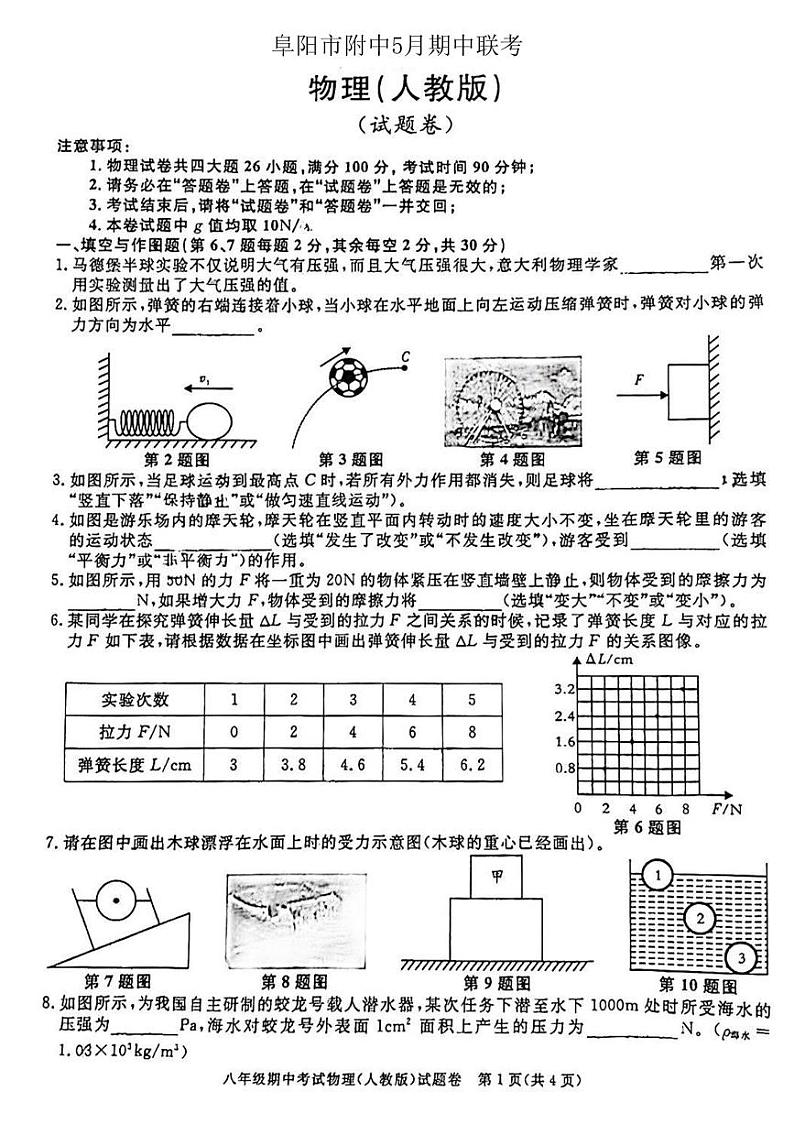 安徽省阜阳市5校+联考2023-2024学年八年级下学期期中物理试卷第1页