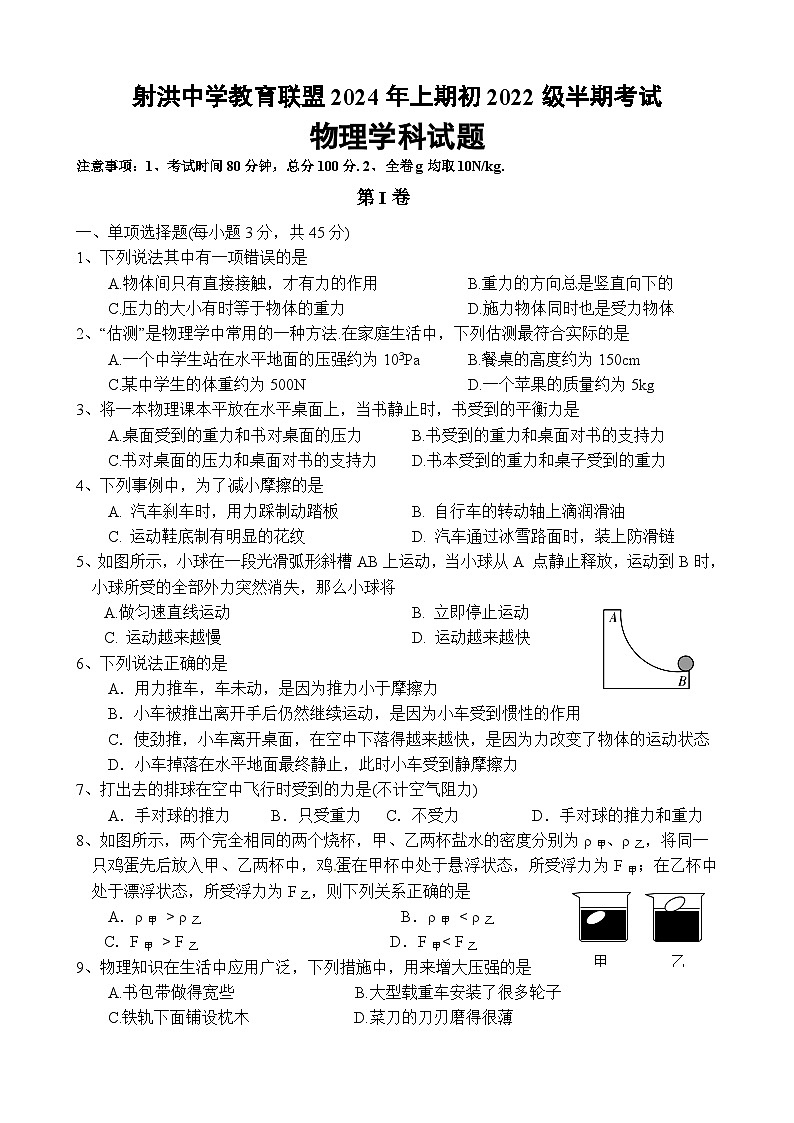 四川省遂宁市射洪中学校2023-2024学年八年级下学期5月期中物理试题01