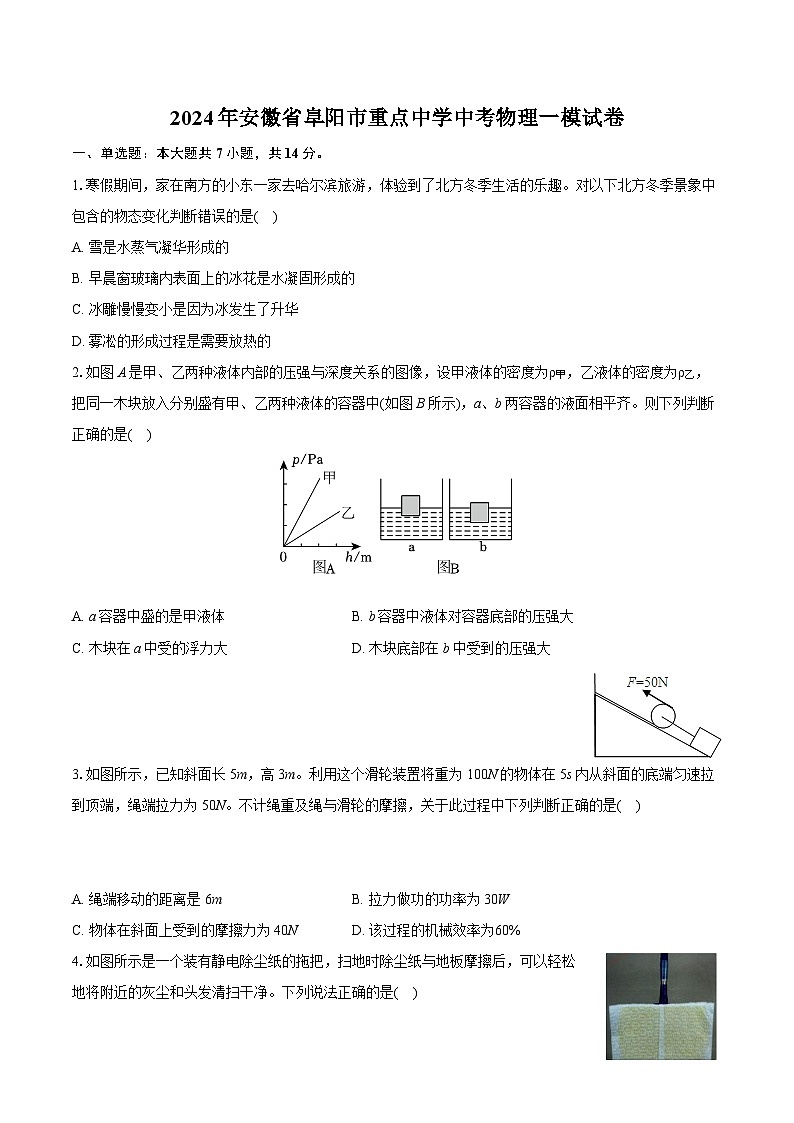 2024年安徽省阜阳市重点中学中考物理一模试卷（含详细答案解析）01