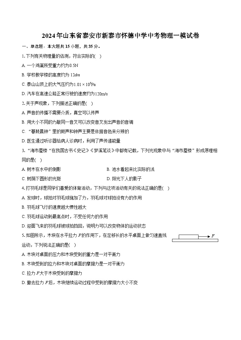 2024年山东省泰安市新泰市怀德中学中考物理一模试卷（含详细答案解析）01