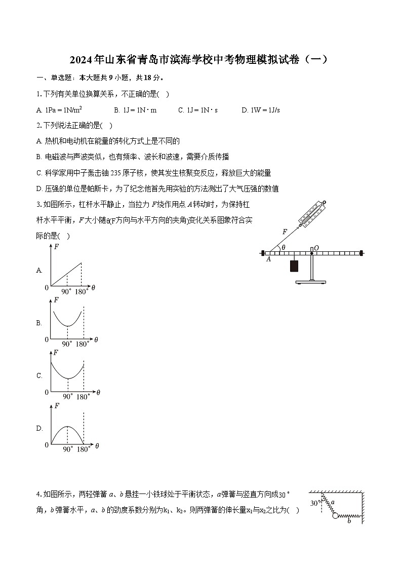 2024年山东省青岛市滨海学校中考物理模拟试卷（一）（含详细答案解析）01