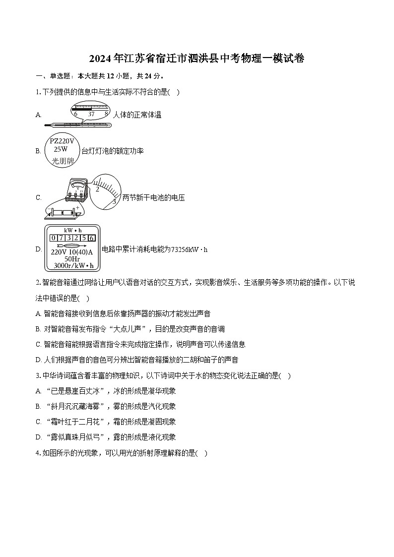 2024年江苏省宿迁市泗洪县中考物理一模试卷（含详细答案解析）01