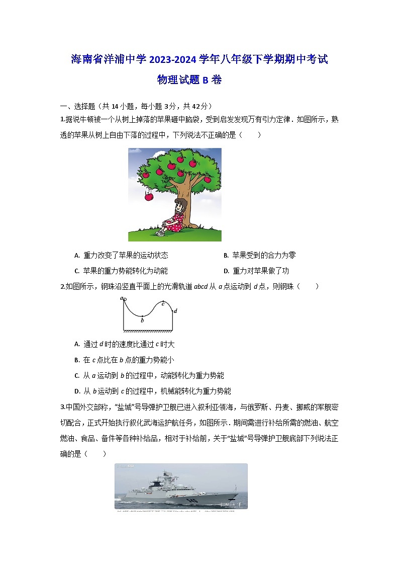 海南省洋浦中学2023-2024学年八年级下学期期中考试物理试题B卷第1页