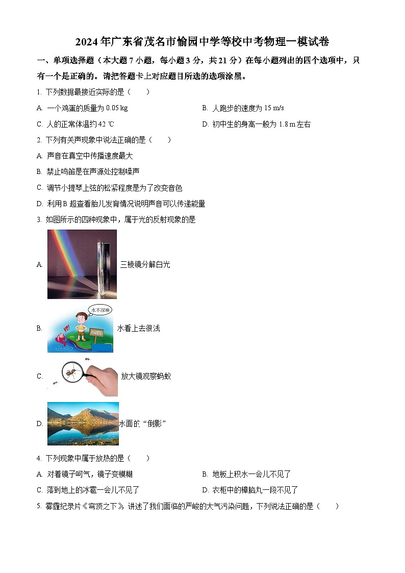 2024年广东省茂名市愉园中学等校中考物理一模试卷（原卷版+解析版）01