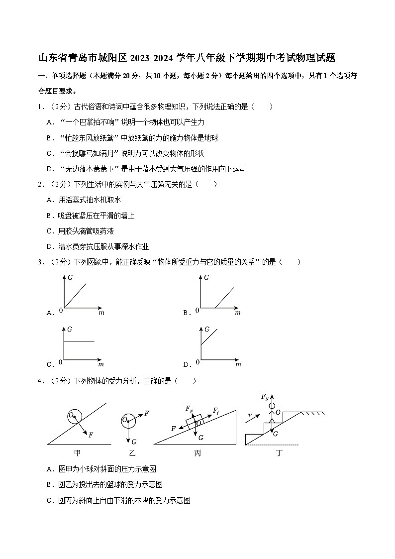 山东省青岛市城阳区2023-2024学年八年级下学期期中考试物理试题01