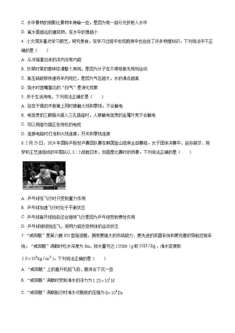 2024年陕西省宝鸡市陇县九年级下学期学业水平考试物理试卷（原卷版+解析版）02