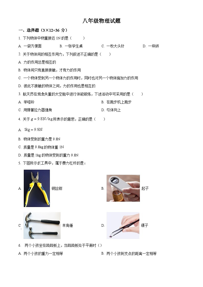 广东省惠州市惠阳第四中学2023-2024学年八年级下册物理期中考试（原卷版）第1页