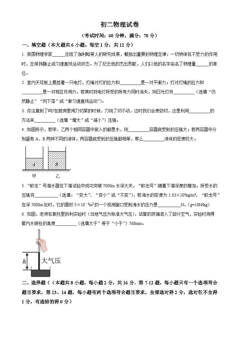 河南省濮阳油田实验学校2024年下学期八年级第二次月考物理试卷（原卷版）第1页
