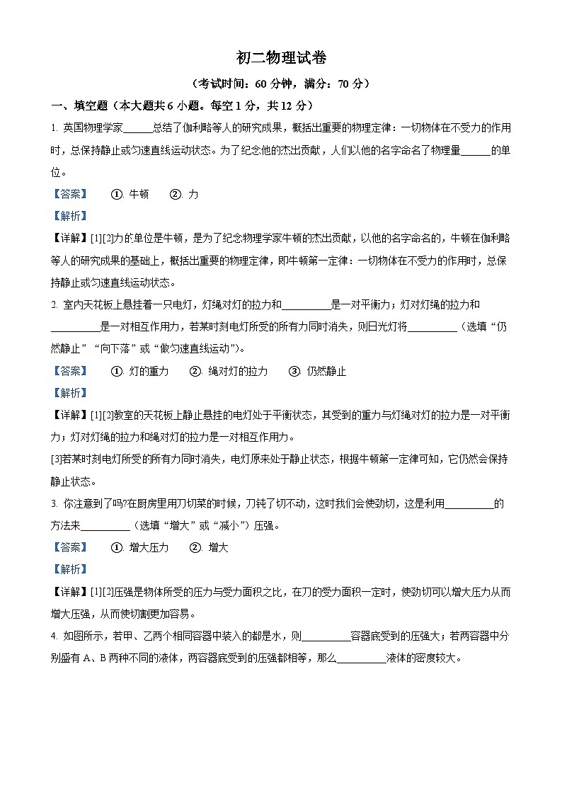 河南省濮阳油田实验学校2024年下学期八年级第二次月考物理试卷（解析版）第1页