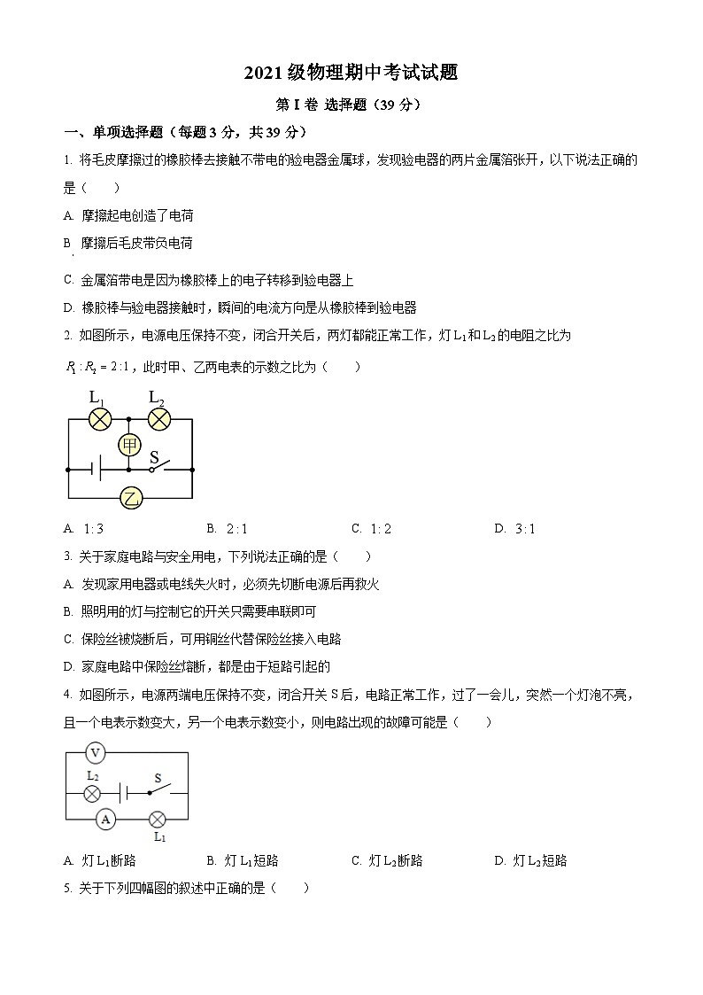 四川省眉山市仁寿县实验中学2023-2024学年九年级下学期4月期中物理试题（原卷版）第1页