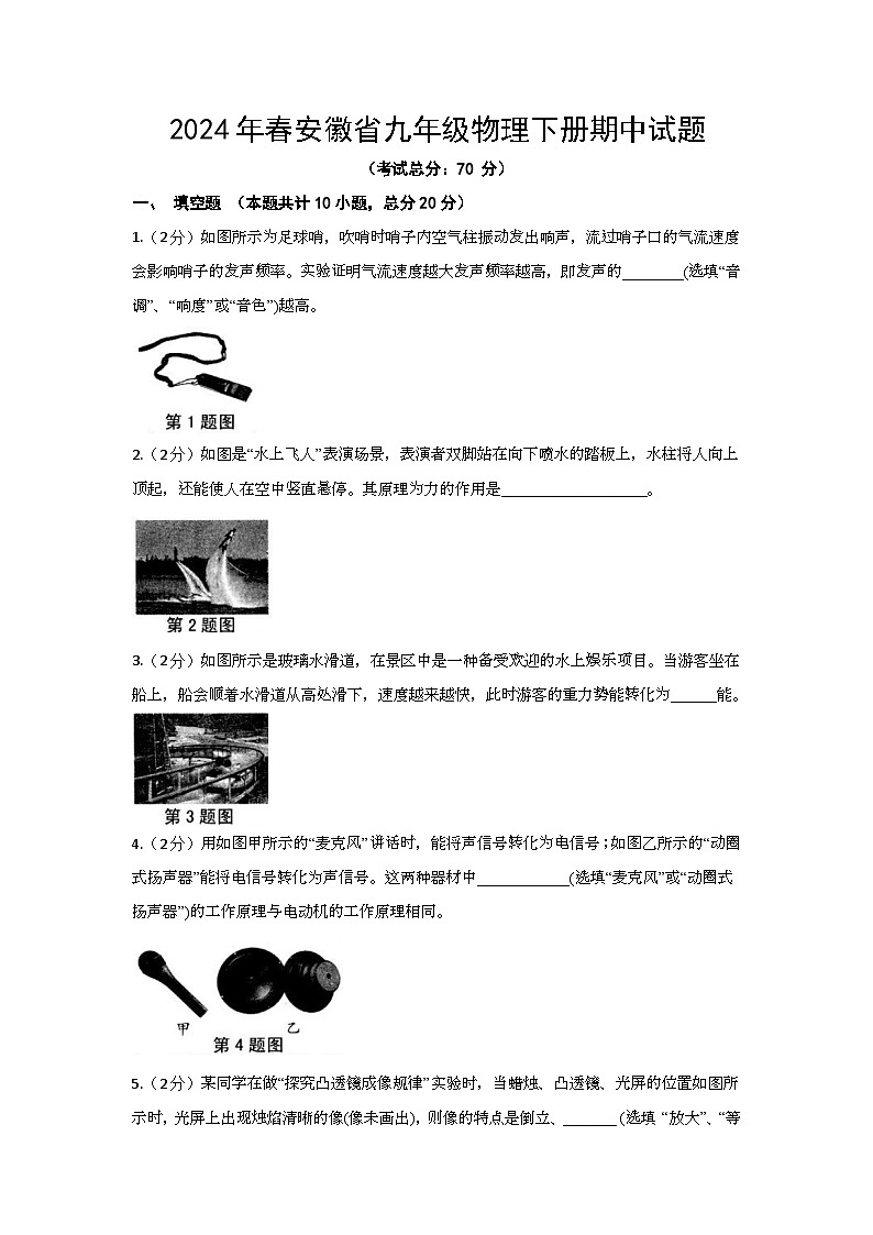 2024年春安徽省九年级物理下册期中试题（含答案）第1页