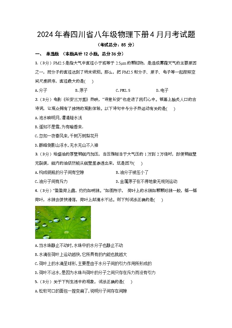 2024年春四川省八年级物理下册4月月考试题（含答案）第1页