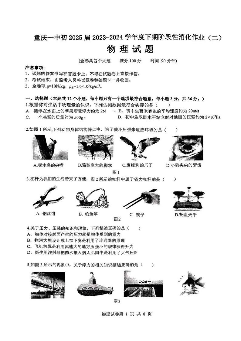重庆市第一中学2023-2024学年八年级下半期期中考试物理试题第1页