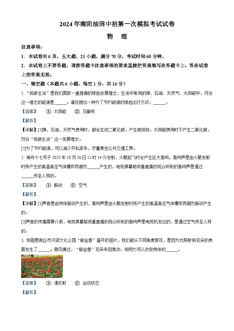 2024年河南省南阳市油田中考一模物理试卷（解析版）第1页