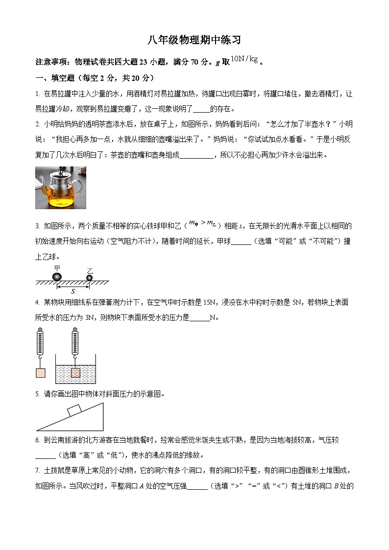 安徽省合肥市第四十五中学中学2023－2024学年八年级下学期期中考试物理试题（原卷版+解析版）01