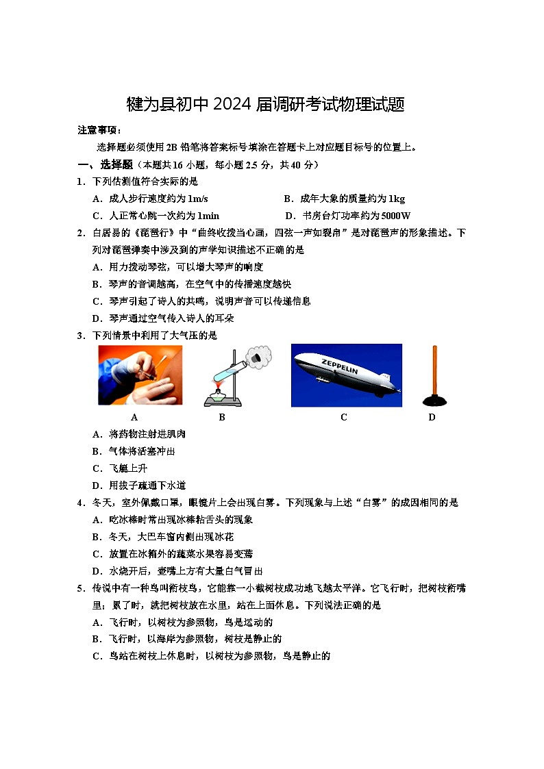 2024年乐山市犍为县初中中考调研考试物理试题第1页