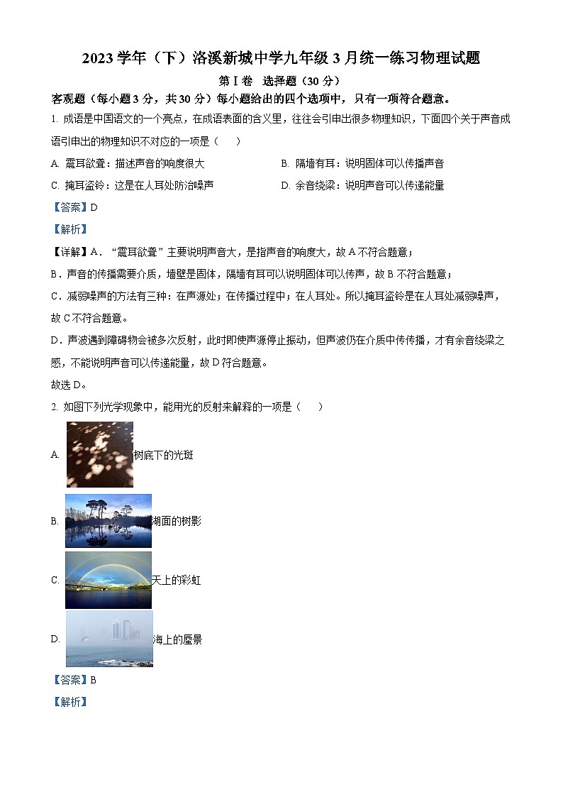 2024年广州市番禺区洛溪新城中学中考一模物理试题（解析版）第1页