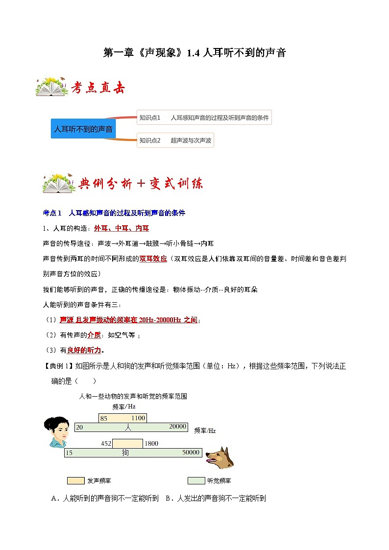 1.4 人耳听不到的声音-2022-2023学年苏科版八年级上册物理同步考点专题训练（含答案）01