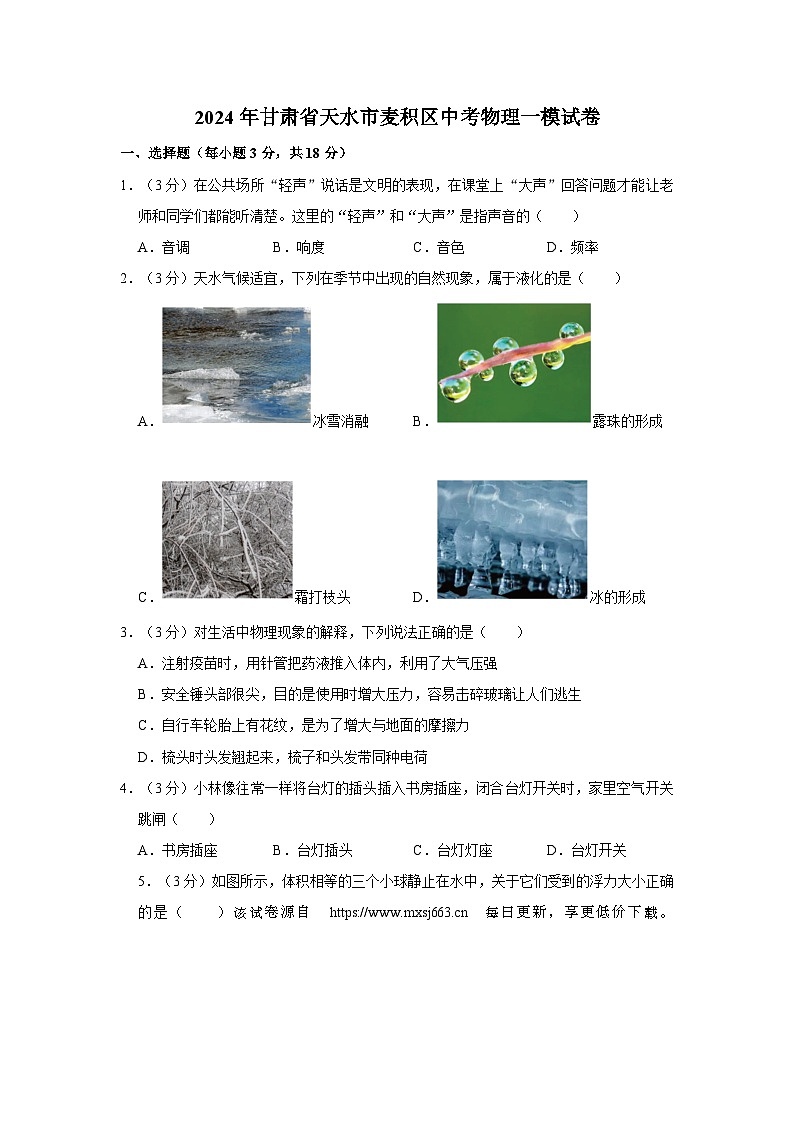 220，2024年甘肃省天水市麦积区中考物理一模试卷01