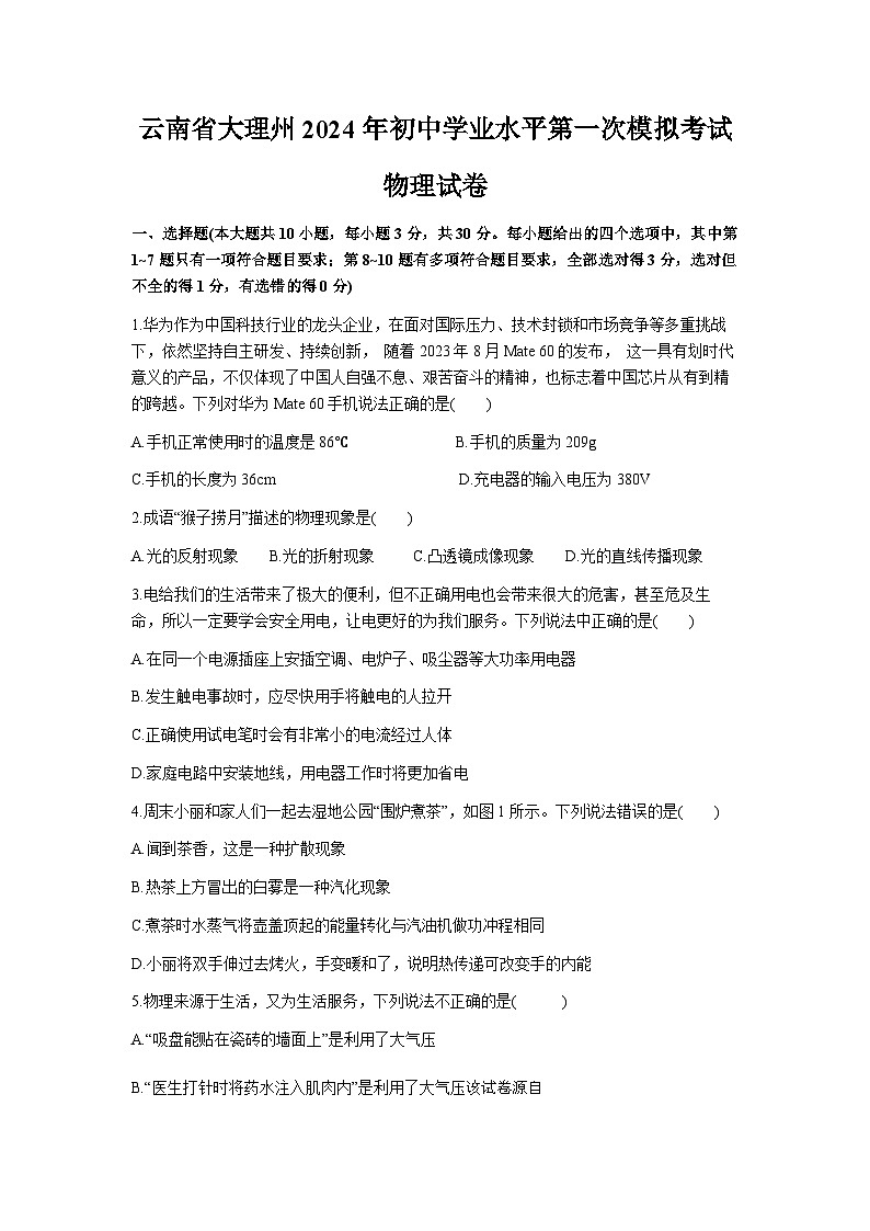 190，2024年云南省大理州初中学业水平第一次模拟考试物理试卷第1页