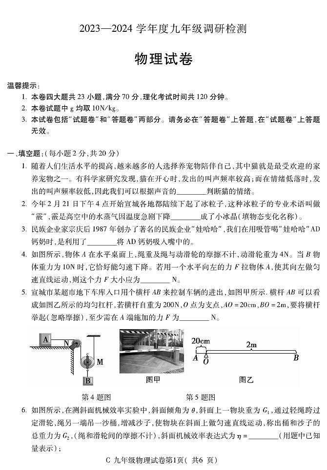 100，2024年安徽省宣城市中考一模物理试卷01
