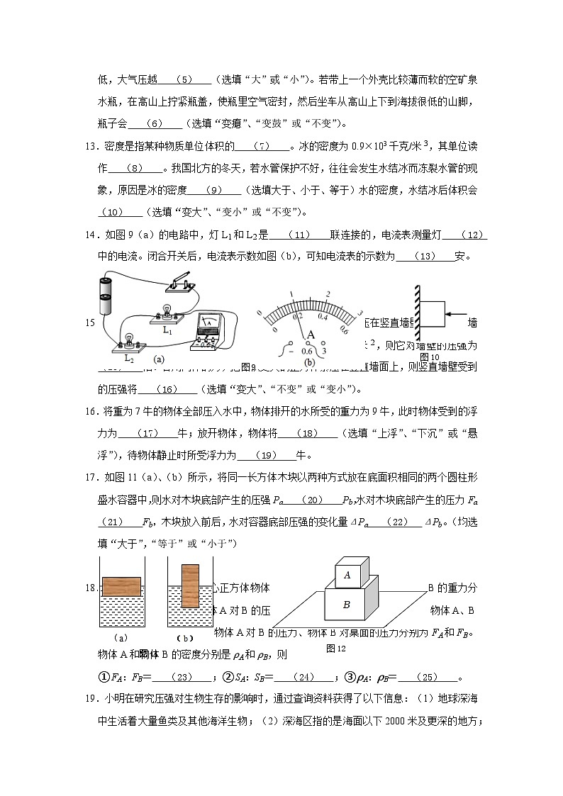 114，上海市廊下中学2023-2024学年九年级上学期物理期中学情诊断评估03