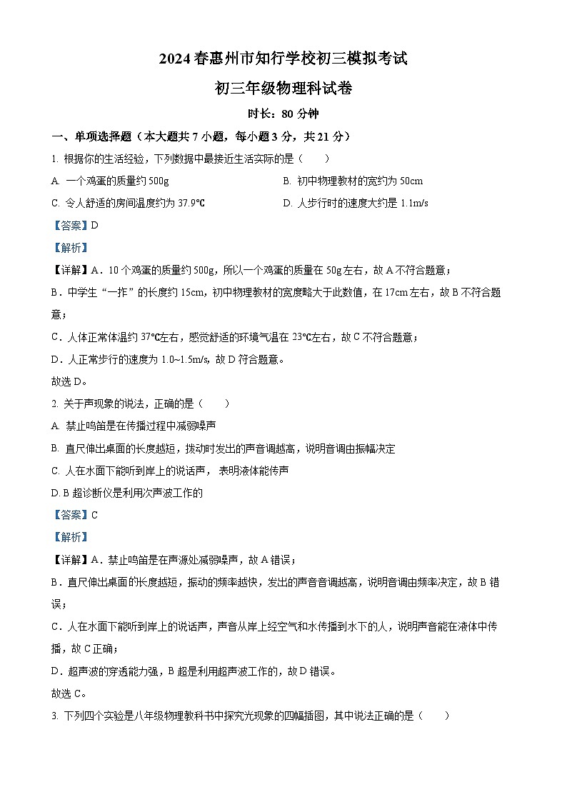 2024年广东省惠州市知行学校九年级中考物理一模试卷（原卷版+解析版）01