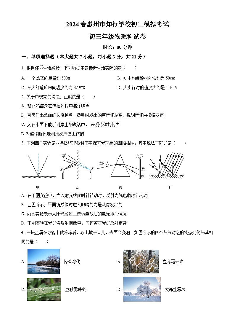 2024年广东省惠州市知行学校九年级中考物理一模试卷（原卷版+解析版）01
