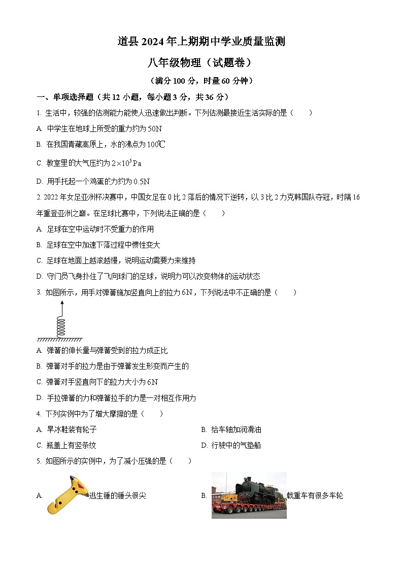 湖南省永州市道县2023-2024学年八年级下学期期中考试物理试题（原卷版+解析版）01